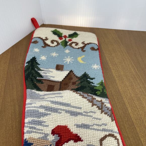 Vintage Needlepoint Christmas Stocking Santa Sleigh Reindeer Red Fabric Back - Picture 5 of 11